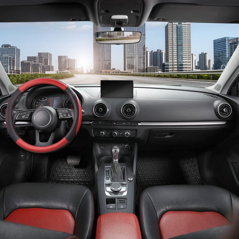 SEG Direct Car Steering Wheel Cover Universal Standard Size 14.5-15 inch, Black and Red Microfiber Leather - Image 2